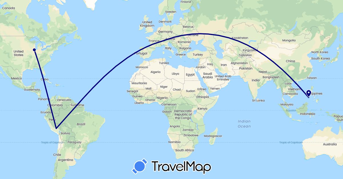 TravelMap itinerary: driving in Switzerland, Peru, Philippines, United States (Asia, Europe, North America, South America)